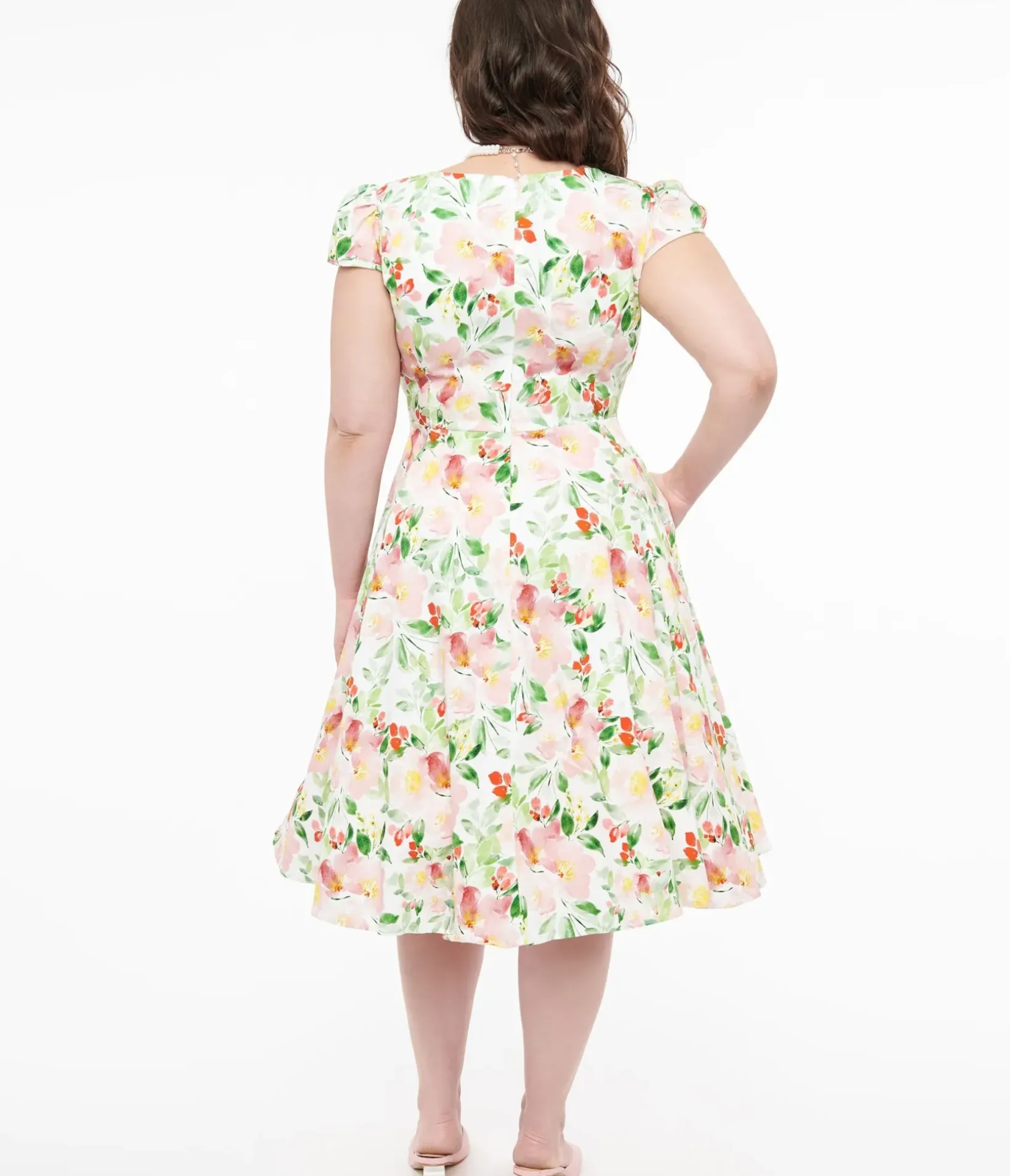 Unique Vintage Swing|Pocket Dresses>1950s Pink & Green Floral Cotton Larisa Swing Dress