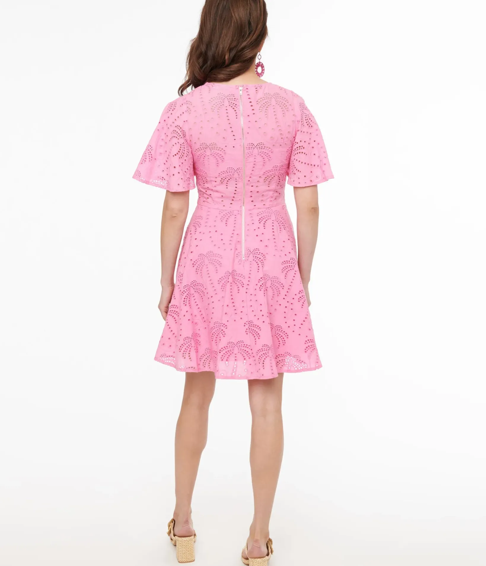 Unique Vintage Fit & Flare|Fit & Flare>1950s Pink Palm Eyelet Key West Cotton Fit & Flare Dress
