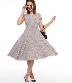 Unique Vintage Fit & Flare|Pocket Dresses>1950s Pink Plaid Fit & Flare Dress