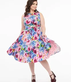 Unique Vintage Swing|Pocket Dresses>1950s Pink & Purple Floral Cotton Elsa Swing Dress