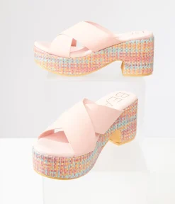 Unique Vintage Heels|Sandals>1970s Pink & Rainbow Woven Nellie Platform Sandals