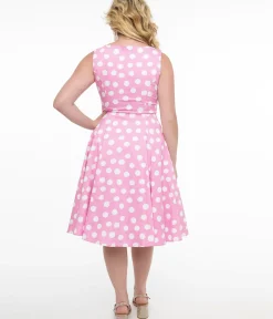 Unique Vintage Swing|Pocket Dresses>1950s Pink & White Polka Dot Cotton Lyra Swing Dress