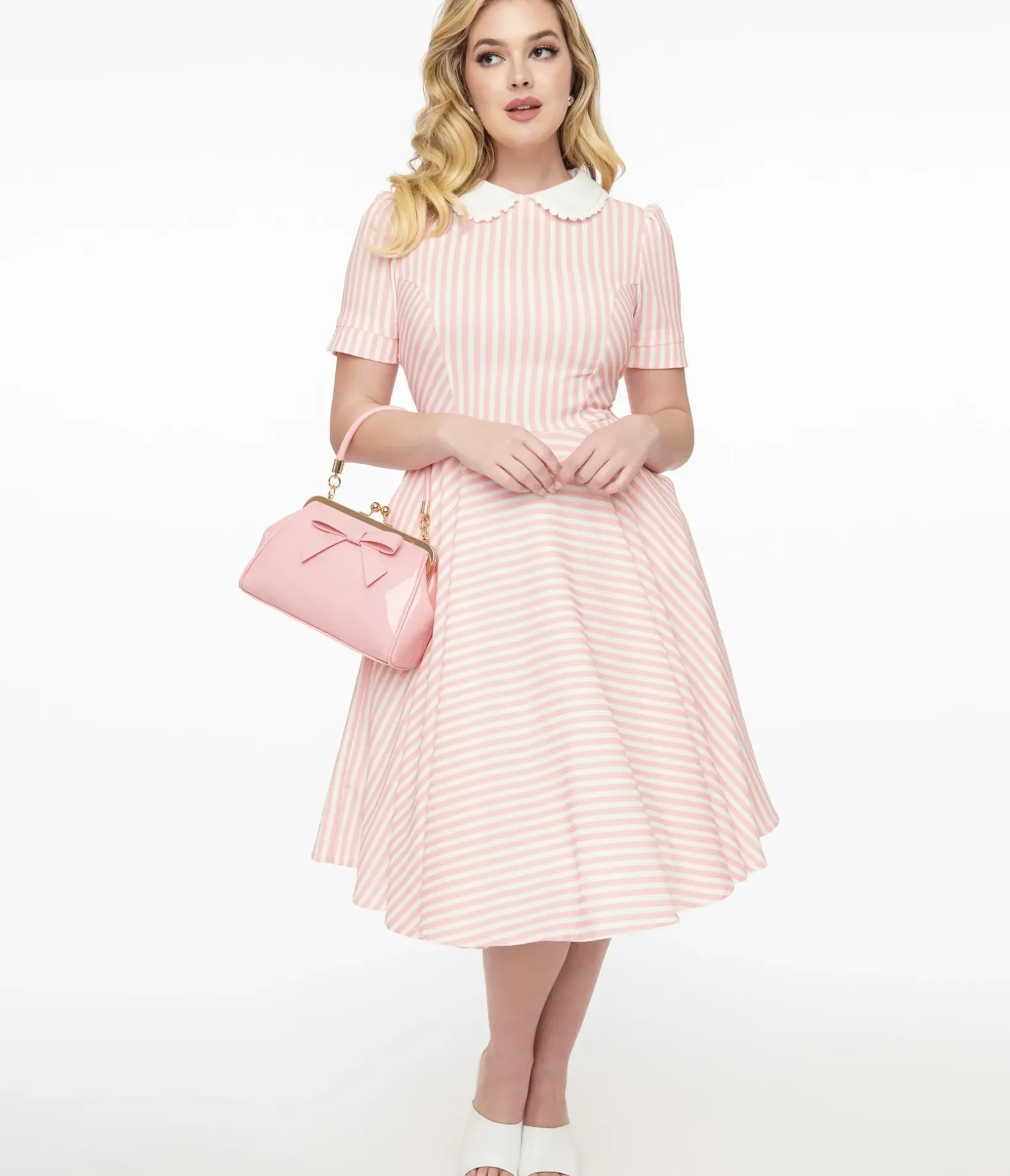 Unique Vintage Swing|Pocket Dresses>1950s Pink & White Striped Brielle Swing Dress