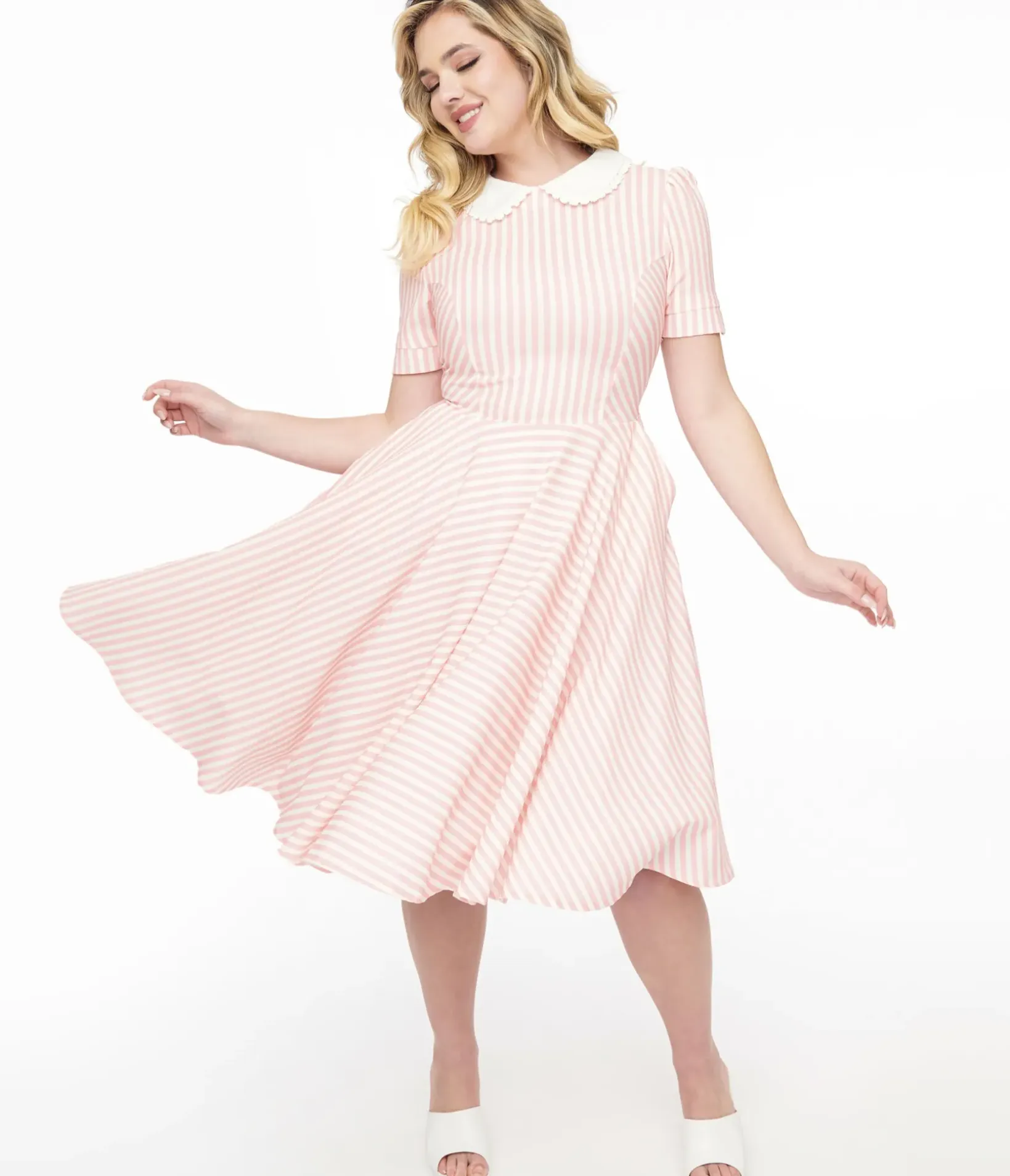 Unique Vintage Swing|Pocket Dresses>1950s Pink & White Striped Brielle Swing Dress