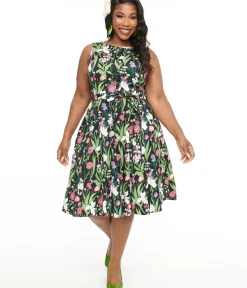 Unique Vintage Swing|Pocket Dresses>1950s Pink & White Wildflower Hepburn Swing Dress