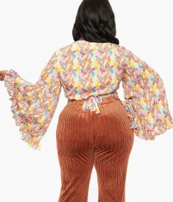 Unique Vintage Blouses|Blouses>1970s Rainbow Floral Silk Bell Sleeve Wrap Simona Top