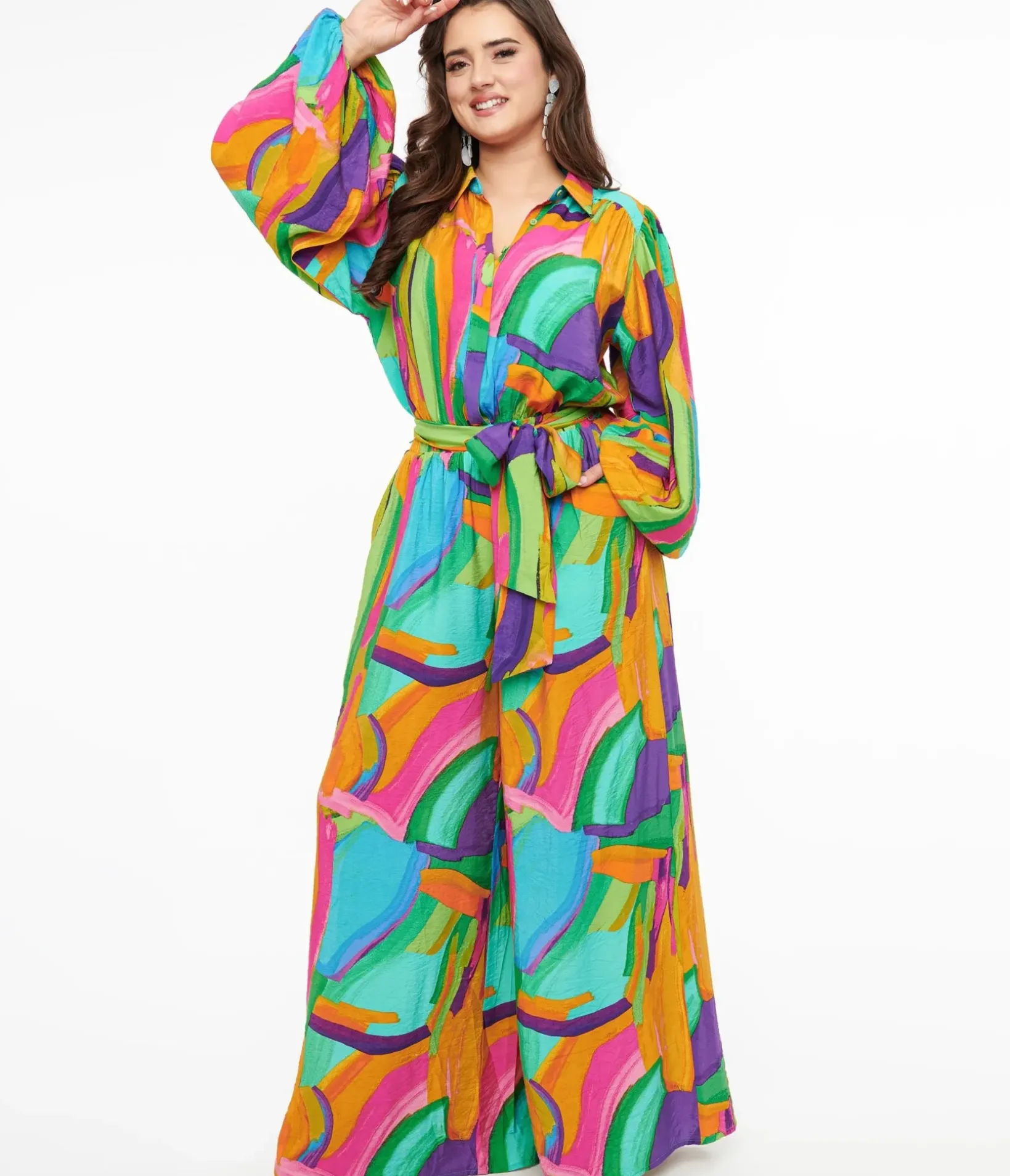 Unique Vintage Rompers & Jumpsuits|Rompers & Jumpsuits>1970s Rainbow Geometric Long Sleeve Jumpsuit