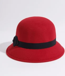 Unique Vintage All Things Red|Bachelorette>1920s Red & Black Bow Cloche Hat