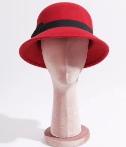 Unique Vintage All Things Red|Bachelorette>1920s Red & Black Bow Cloche Hat