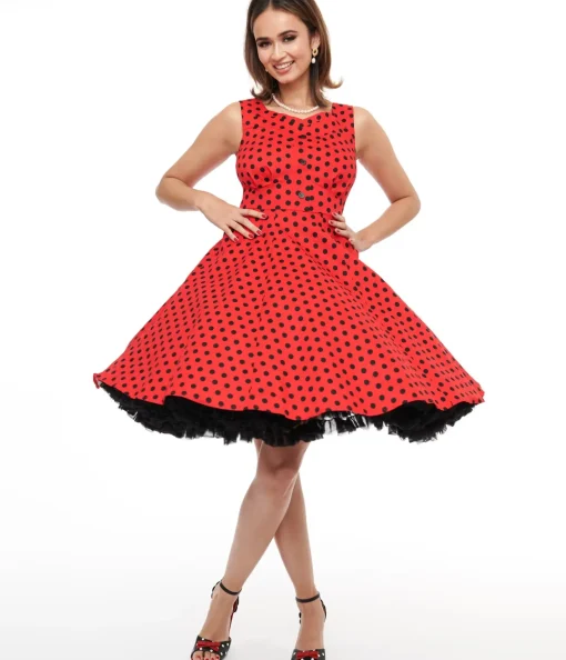Unique Vintage Swing|Fit & Flare>1950s Red & Black Polka Dot Fit & Flare Dress