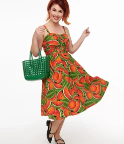 Unique Vintage Swing|Pocket Dresses>1950s Red & Green Watermelon Print Eden Fit & Flare Dress