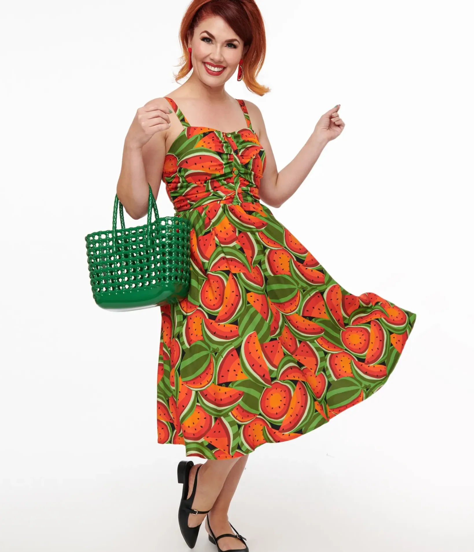 Unique Vintage Swing|Pocket Dresses>1950s Red & Green Watermelon Print Eden Fit & Flare Dress