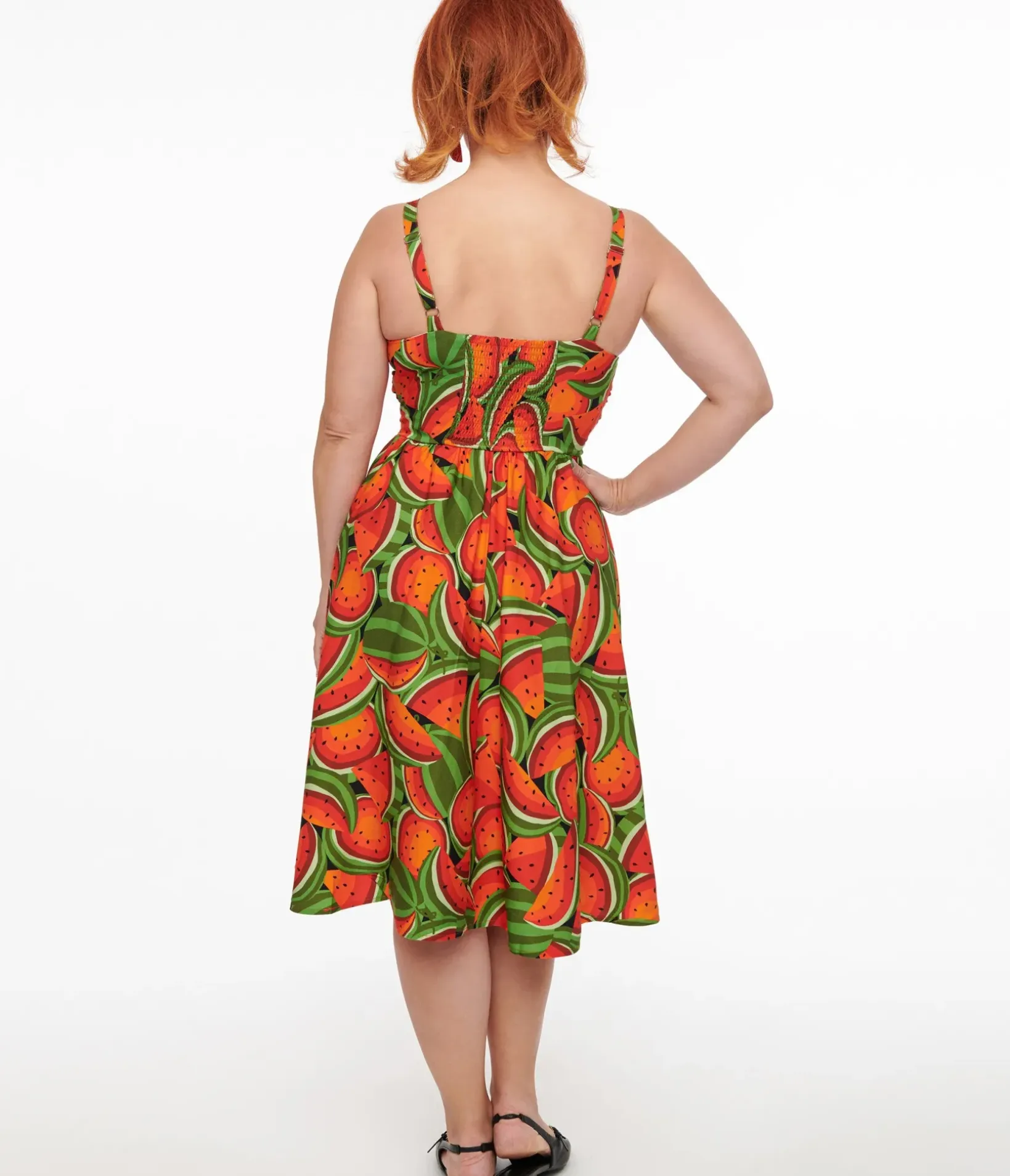 Unique Vintage Swing|Pocket Dresses>1950s Red & Green Watermelon Print Eden Fit & Flare Dress
