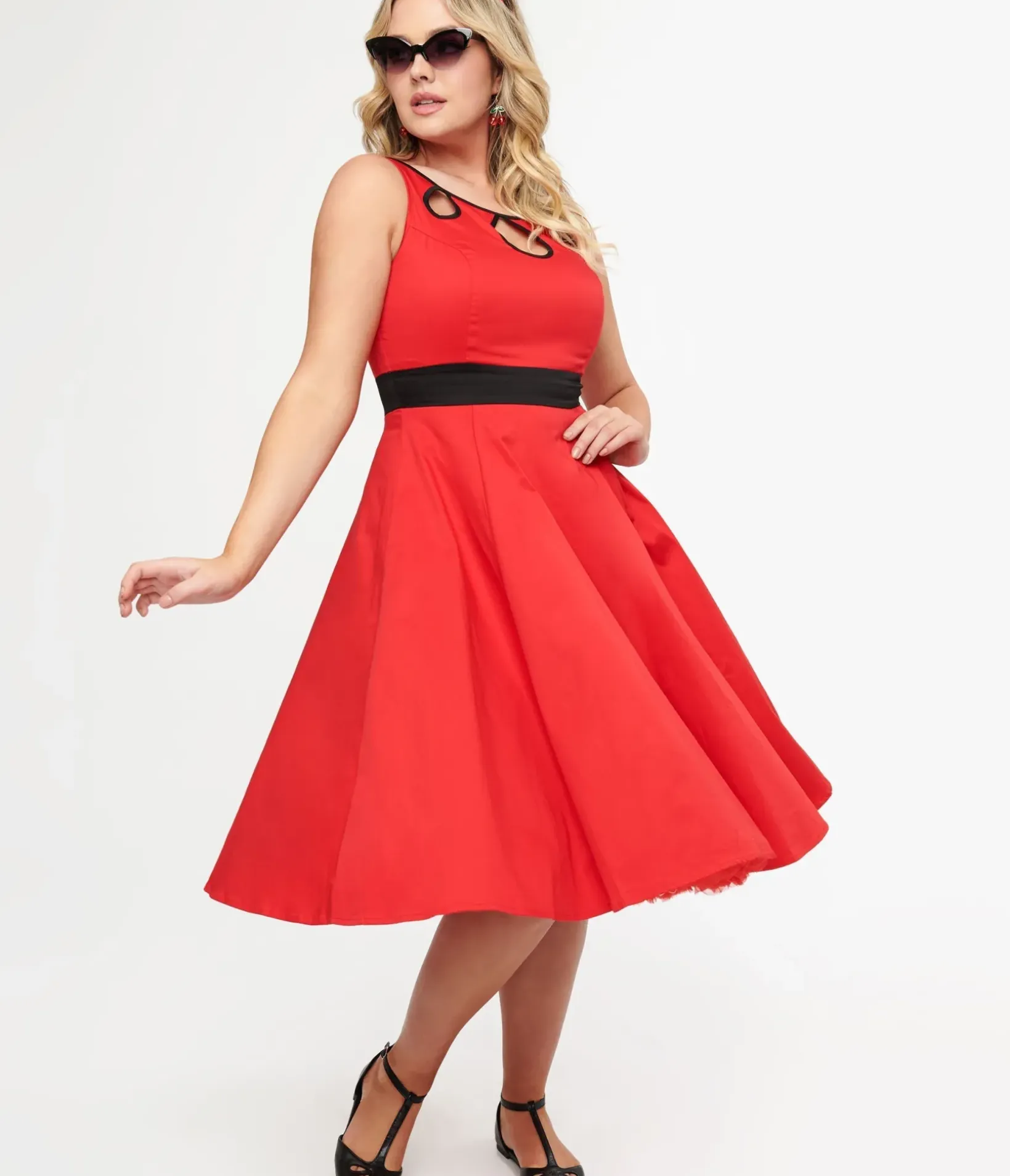 Unique Vintage Swing|Everyday Dresses>1950s Red Keyhole Cotton Swing Dress