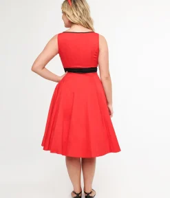 Unique Vintage Swing|Everyday Dresses>1950s Red Keyhole Cotton Swing Dress