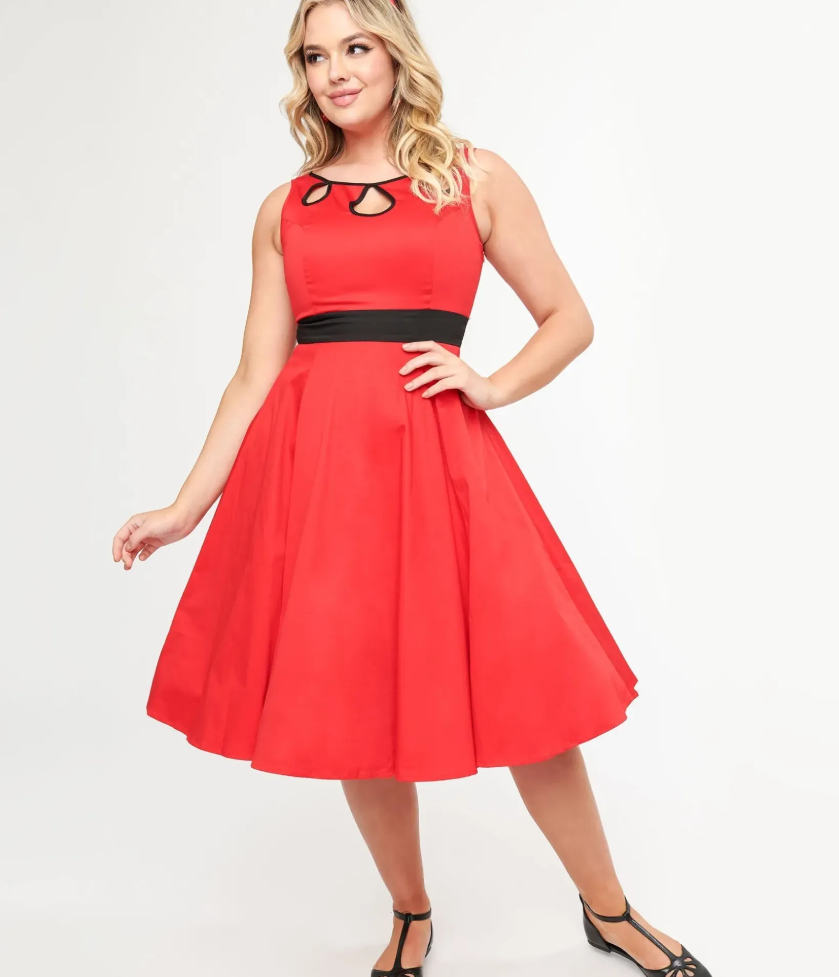 Unique Vintage Swing|Everyday Dresses>1950s Red Keyhole Cotton Swing Dress
