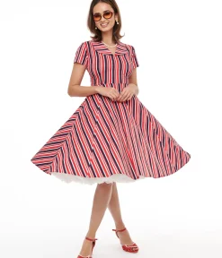 Unique Vintage Fit & Flare|Pocket Dresses>1950s Red & Navy Blue Striped Fit & Flare Dress