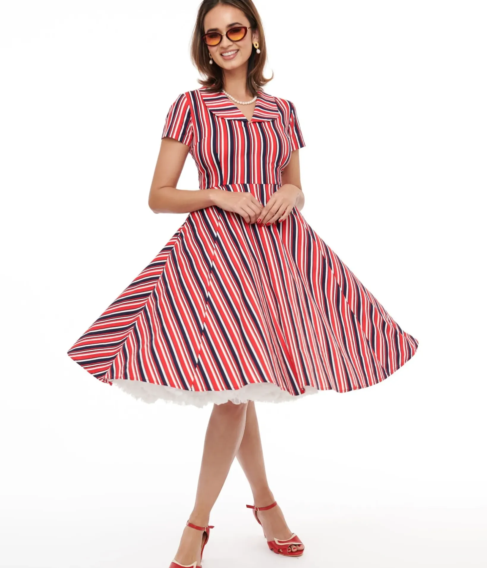Unique Vintage Fit & Flare|Pocket Dresses>1950s Red & Navy Blue Striped Fit & Flare Dress