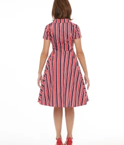 Unique Vintage Fit & Flare|Pocket Dresses>1950s Red & Navy Blue Striped Fit & Flare Dress