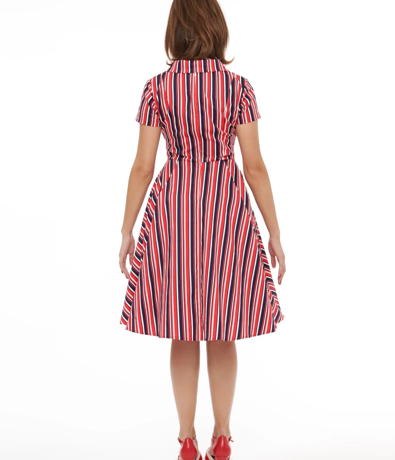 Unique Vintage Fit & Flare|Pocket Dresses>1950s Red & Navy Blue Striped Fit & Flare Dress