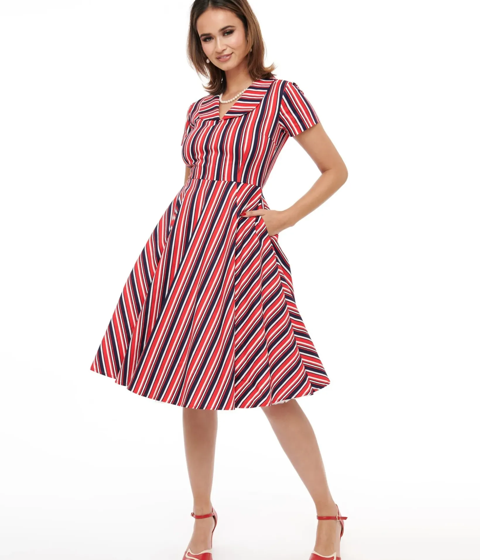 Unique Vintage Fit & Flare|Pocket Dresses>1950s Red & Navy Blue Striped Fit & Flare Dress