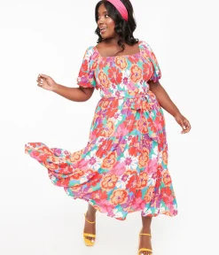 Unique Vintage Midi|Everyday Dresses>1970s Red & Pink Abstract Floral Midi Dress
