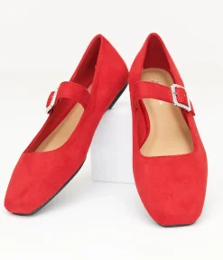 Unique Vintage Flats|All Things Red>1960s Red Suede Rhinestone Buckle Mary Jane Flats