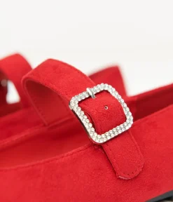 Unique Vintage Flats|All Things Red>1960s Red Suede Rhinestone Buckle Mary Jane Flats