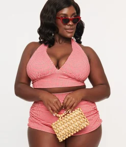 Unique Vintage Two Piece Swim|Swim Tops>1960s Red & White Gingham Halter Swim Top