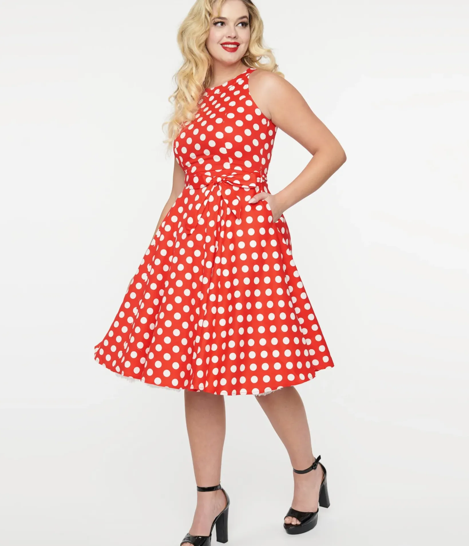 Unique Vintage Swing|Pocket Dresses>1950s Red & White Polka Dot Cotton Swing Dress