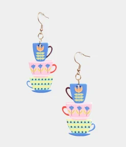 Unique Vintage Earrings>1960s Retro Teacups & Saucers Drop Earrings