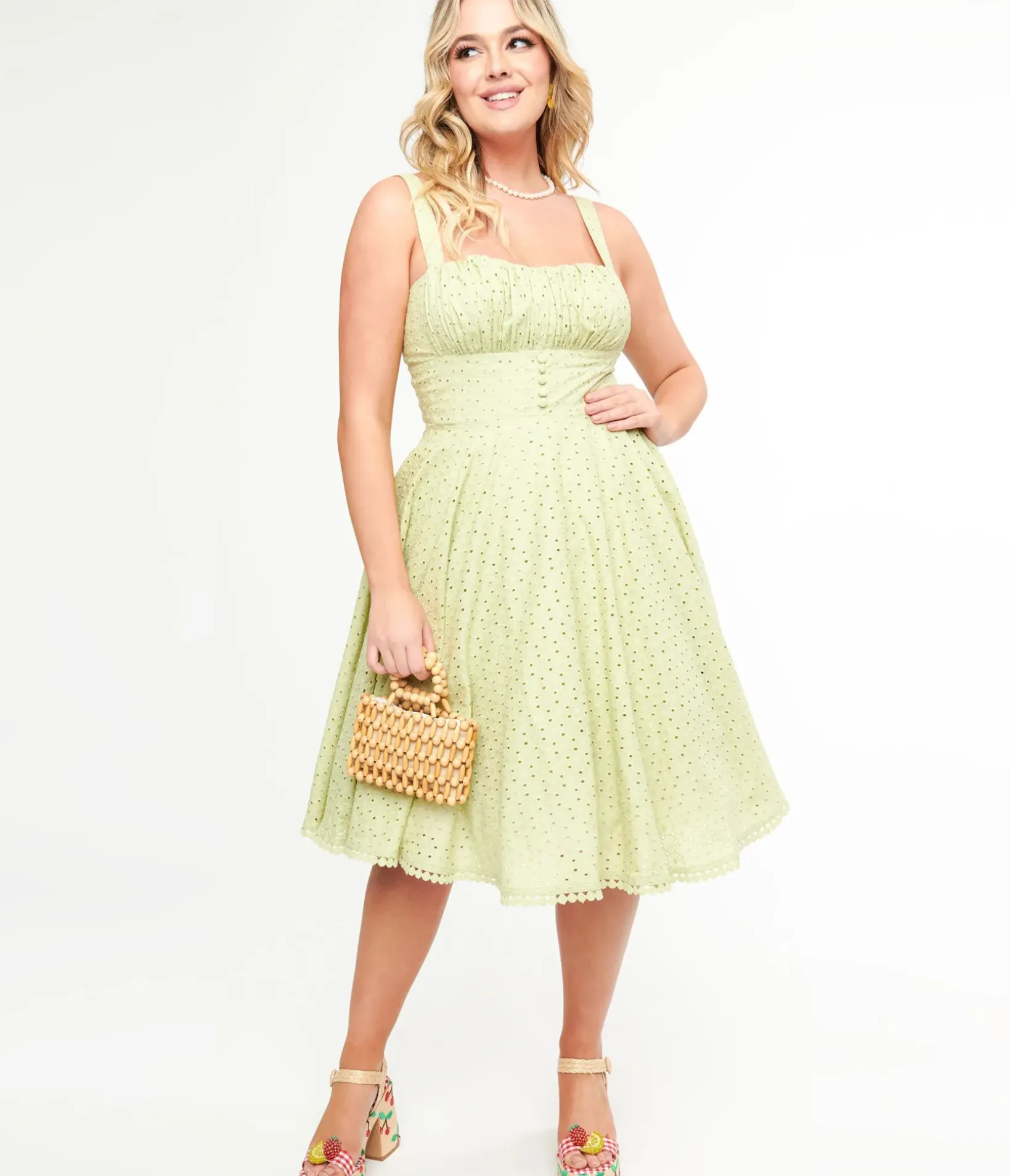 Unique Vintage Swing|Everyday Dresses>1950s Sage Green Eyelet Cotton Valerie Dress