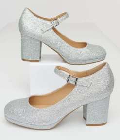 Unique Vintage Special Occasion|Heels>1950s Silver Square Toe Mary Jane Pumps