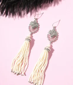 Unique Vintage Special Occasion|Flapper Accessories>1920s Silver & White Beaded Deco Tassel Dangle Earrings