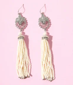 Unique Vintage Special Occasion|Flapper Accessories>1920s Silver & White Beaded Deco Tassel Dangle Earrings