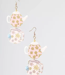 Unique Vintage Earrings>1960s Spot Of Tea Flower Teapot & Teacup Earrings