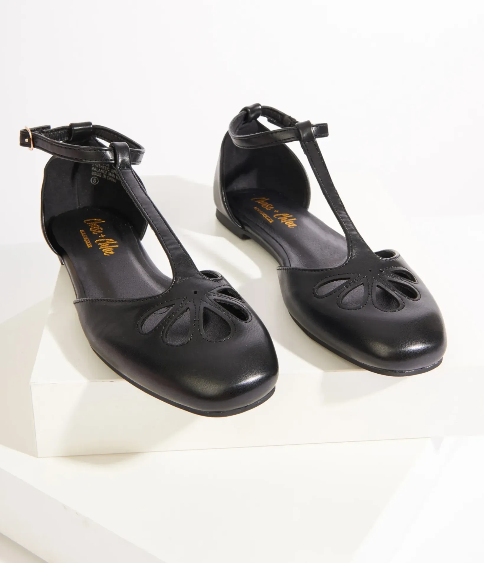 Unique Vintage Special Occasion|Work Wear>1920s Style Black Leatherette T-Strap Flats