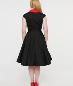 Unique Vintage Swing|Pocket Dresses>1950s Style Black & Red Cap Sleeve Button Up Diablo Swing Dress