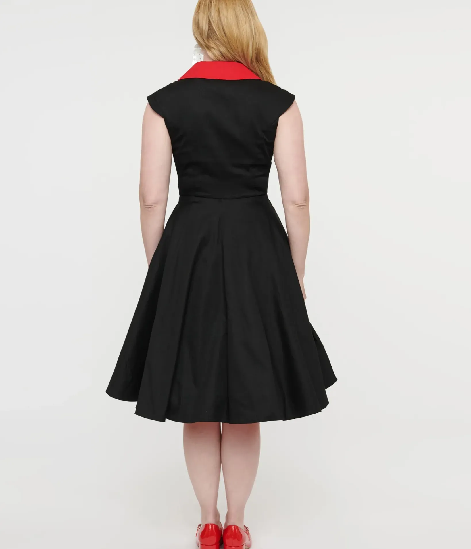 Unique Vintage Swing|Pocket Dresses>1950s Style Black & Red Cap Sleeve Button Up Diablo Swing Dress