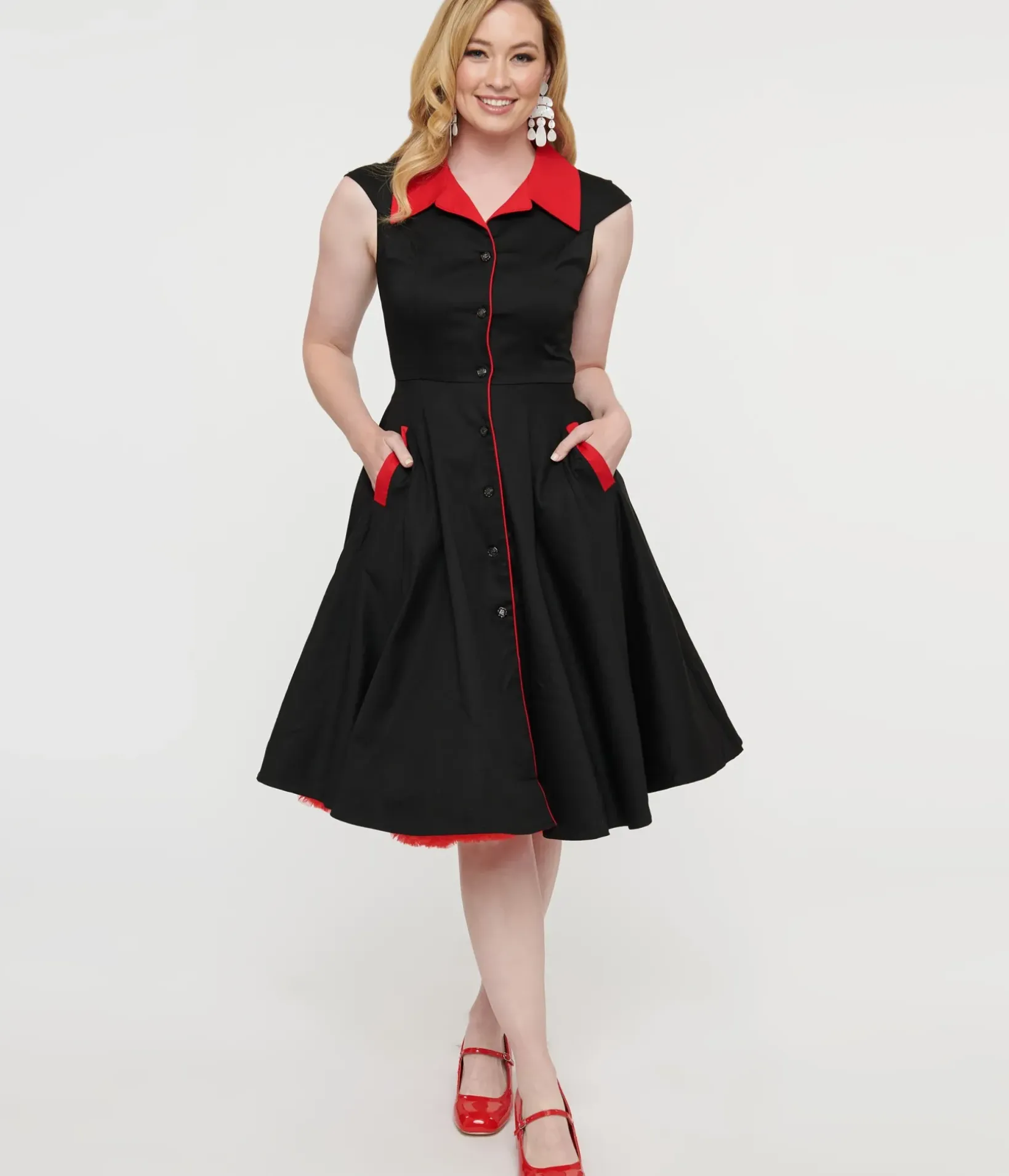 Unique Vintage Swing|Pocket Dresses>1950s Style Black & Red Cap Sleeve Button Up Diablo Swing Dress