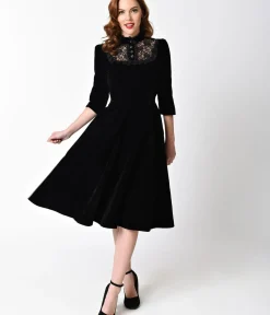Unique Vintage Swing|Everyday Dresses>1940s Style Black Velvet & Lace Nightshade Half Sleeve Swing Dress