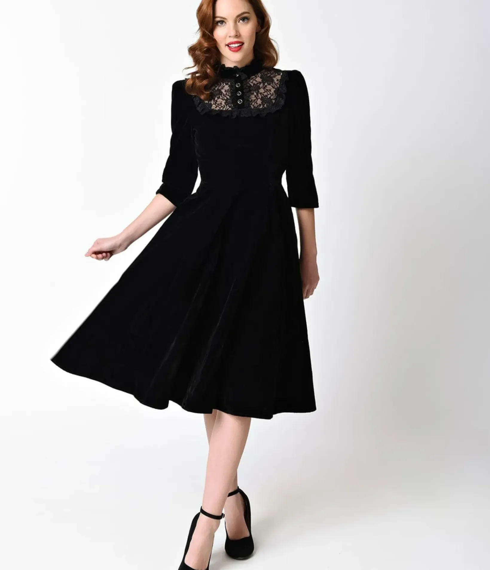 Unique Vintage Swing|Everyday Dresses>1940s Style Black Velvet & Lace Nightshade Half Sleeve Swing Dress