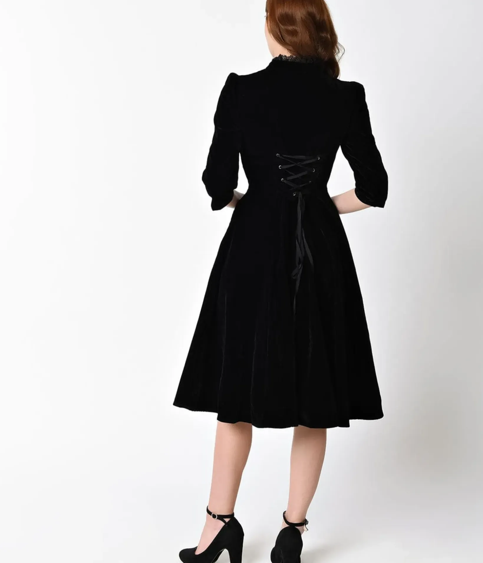Unique Vintage Swing|Everyday Dresses>1940s Style Black Velvet & Lace Nightshade Half Sleeve Swing Dress