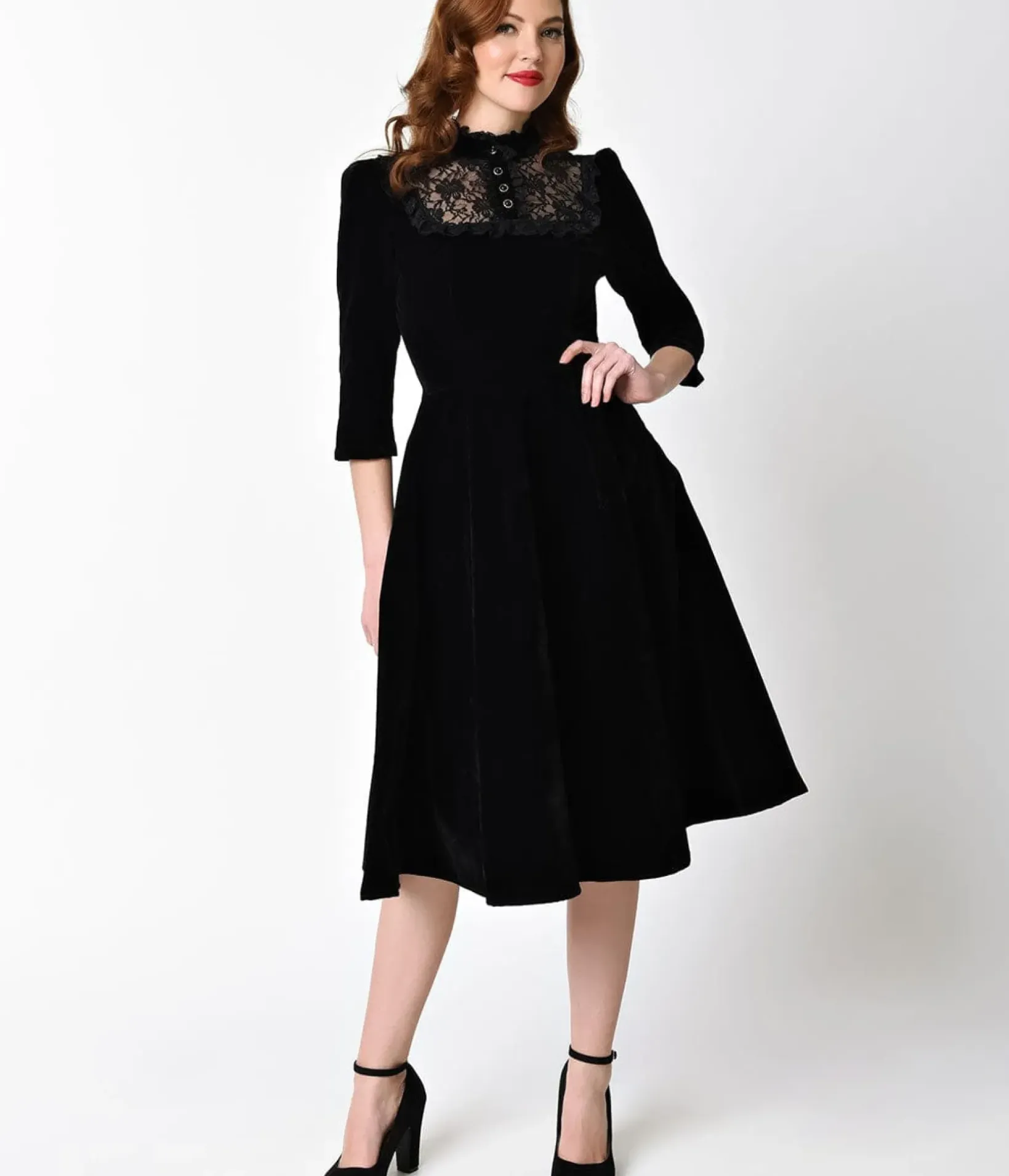 Unique Vintage Swing|Everyday Dresses>1940s Style Black Velvet & Lace Nightshade Half Sleeve Swing Dress
