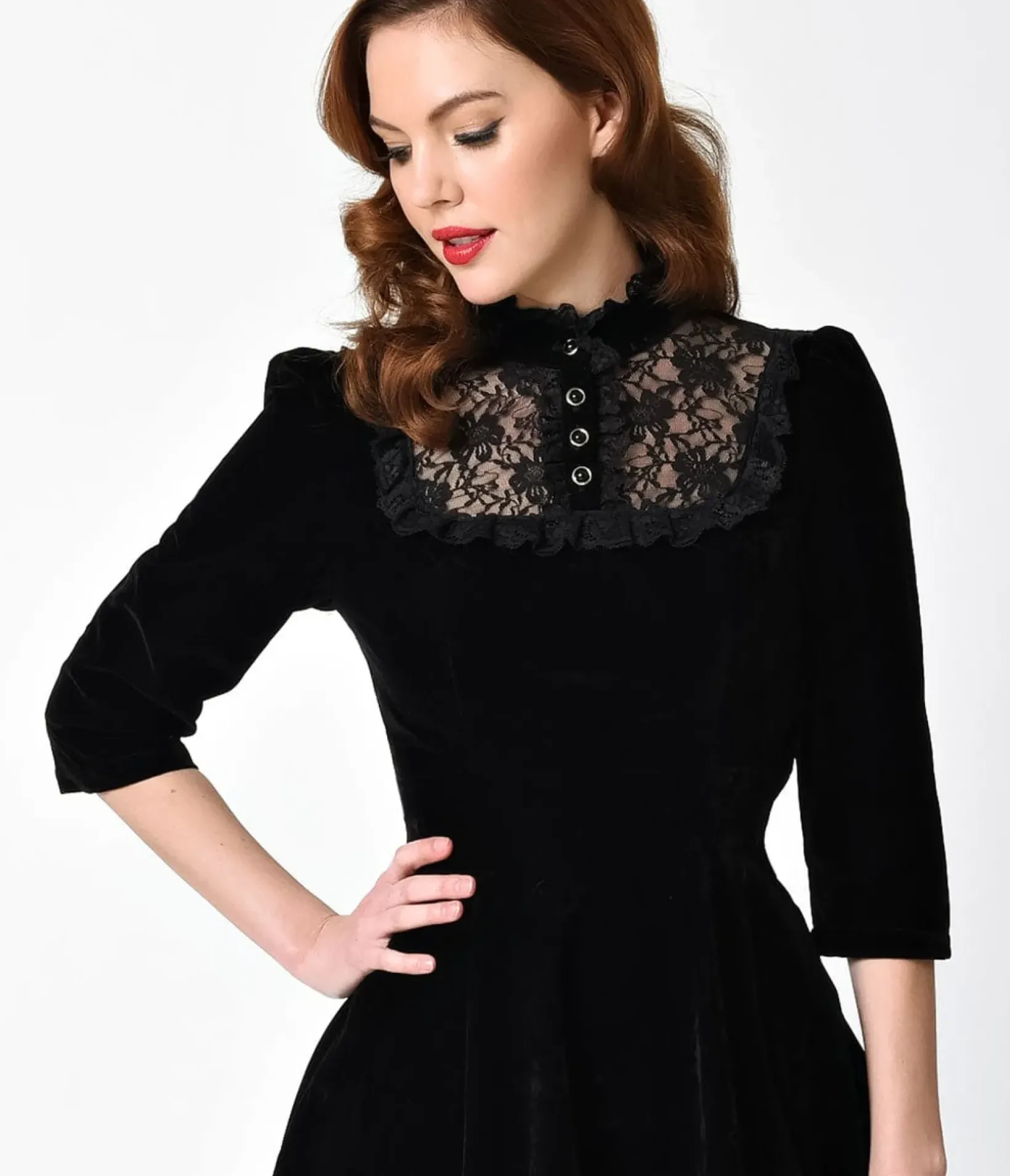 Unique Vintage Swing|Everyday Dresses>1940s Style Black Velvet & Lace Nightshade Half Sleeve Swing Dress