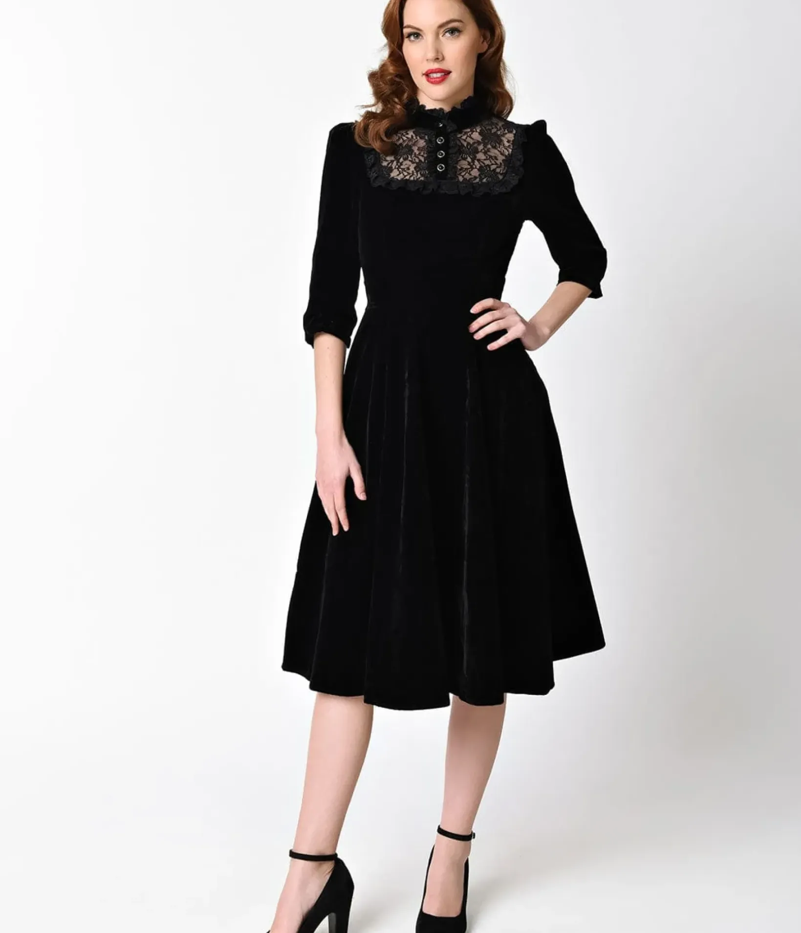 Unique Vintage Swing|Everyday Dresses>1940s Style Black Velvet & Lace Nightshade Half Sleeve Swing Dress