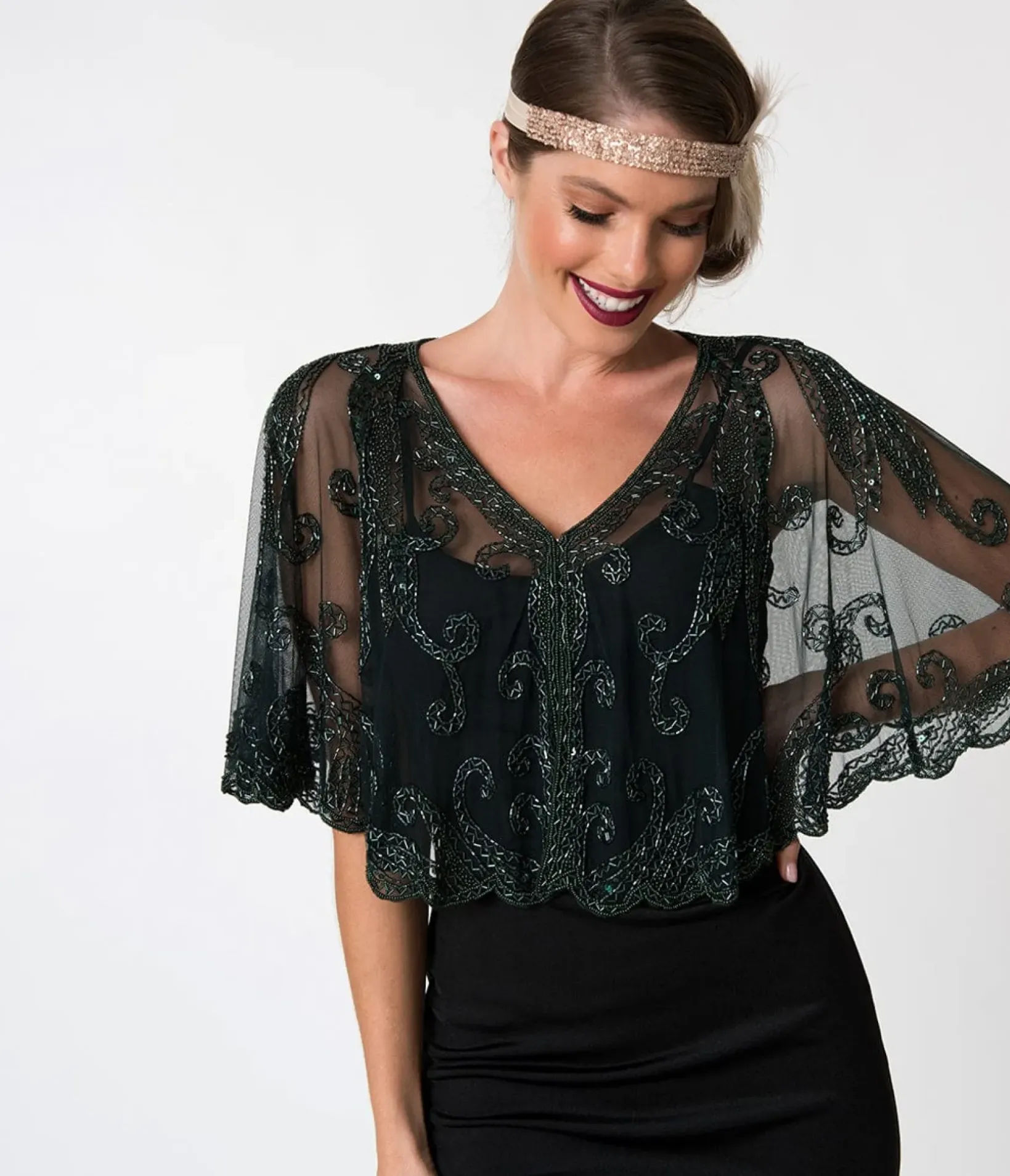 Unique Vintage Special Occasion|Flapper Accessories>1920s Style Dark Green & Olive Beaded Sheer Mesh Capelet