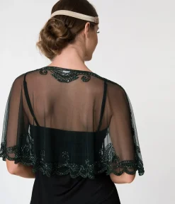 Unique Vintage Special Occasion|Flapper Accessories>1920s Style Dark Green & Olive Beaded Sheer Mesh Capelet