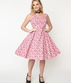 Unique Vintage Swing|Pocket Dresses>1950s Style Hot Pink Cat Print Sleeveless Swing Dress