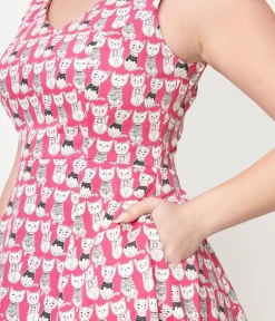 Unique Vintage Swing|Pocket Dresses>1950s Style Hot Pink Cat Print Sleeveless Swing Dress